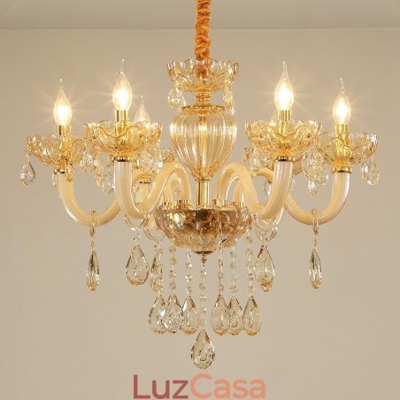 Lustre de cristal com vela de 6 luzes cor champanhe Lustre de cristal com vela de 6 luzes cor champanhe