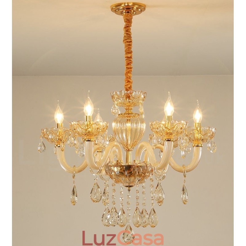 Lustre de cristal com vela de 6 luzes cor champanhe