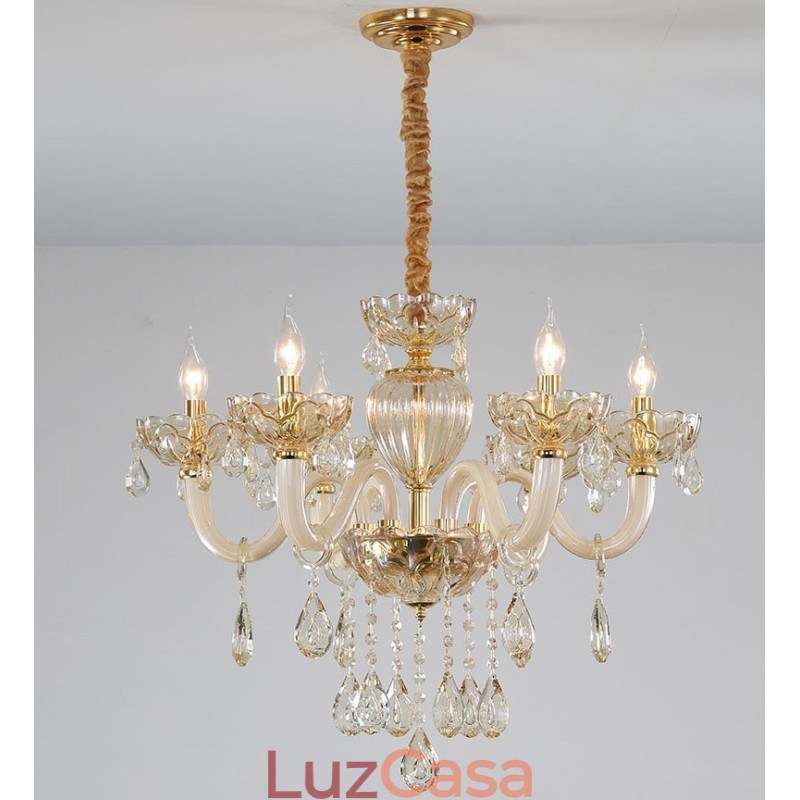 Lustre de cristal com vela de 6 luzes cor champanhe