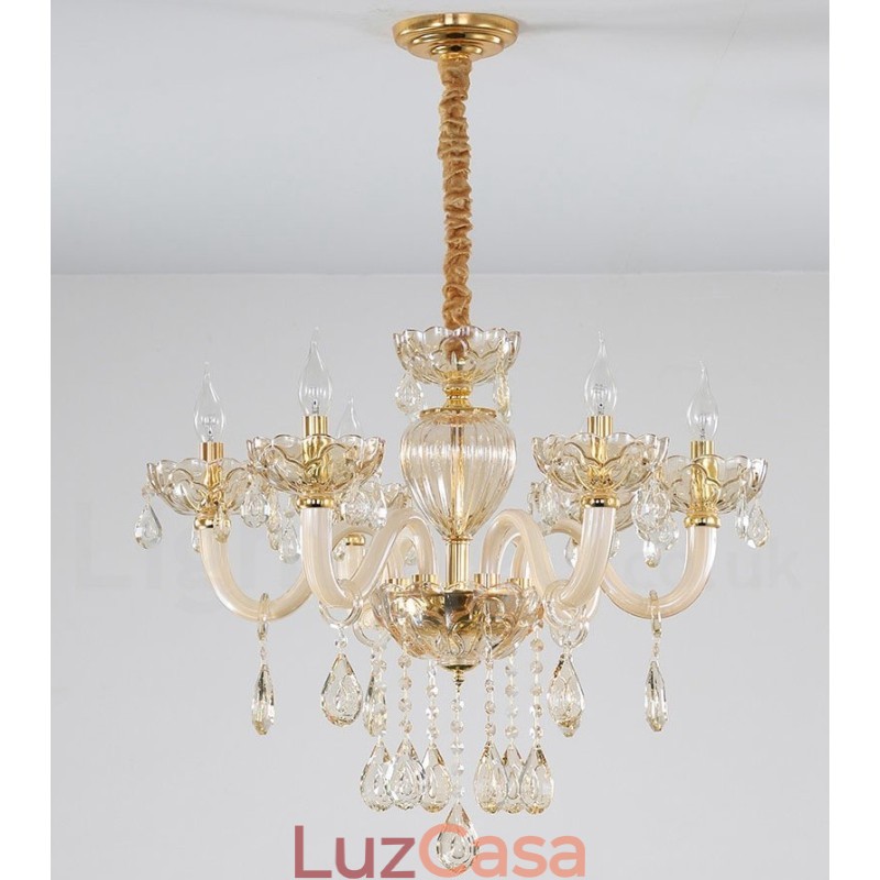 Lustre de cristal com vela de 6 luzes cor champanhe