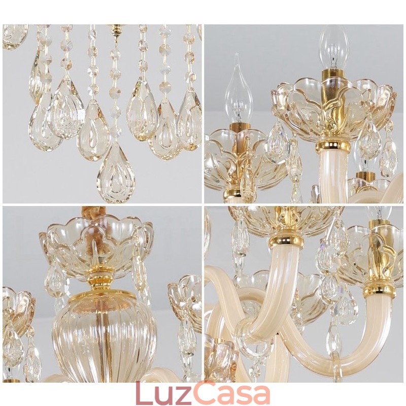 Lustre de cristal com vela de 6 luzes cor champanhe