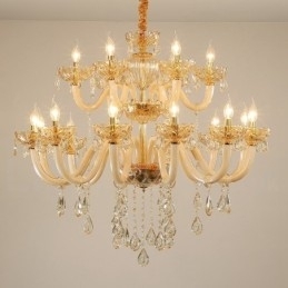 Lustre de cristal elegante com 18 (12+6) luzes cor champanhe