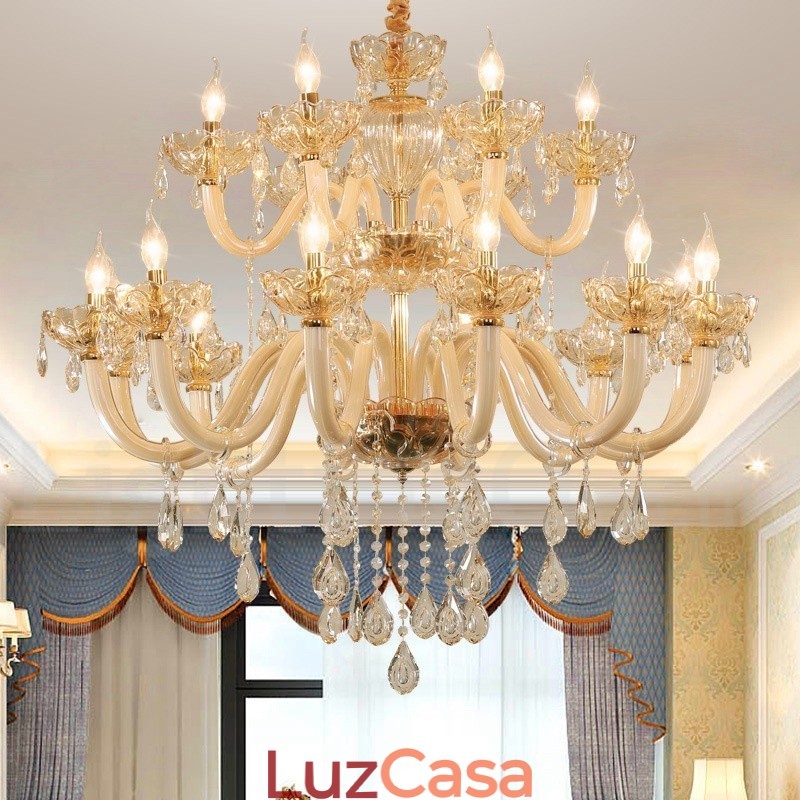 Lustre de cristal elegante com 18 (12+6) luzes cor champanhe