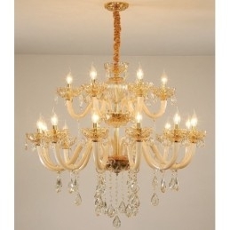 Lustre de cristal elegante com 18 (12+6) luzes cor champanhe