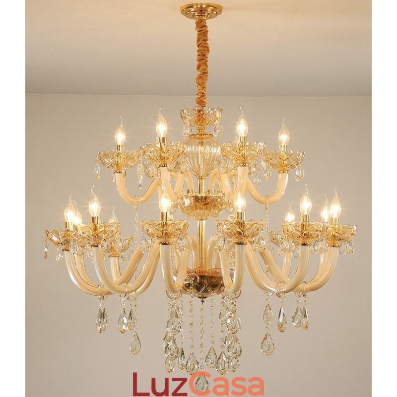 Lustre de cristal elegante com 18 (12+6) luzes cor champanhe
