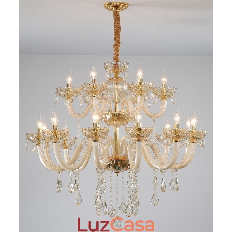 Lustre de cristal elegante com 18 (12+6) luzes cor champanhe