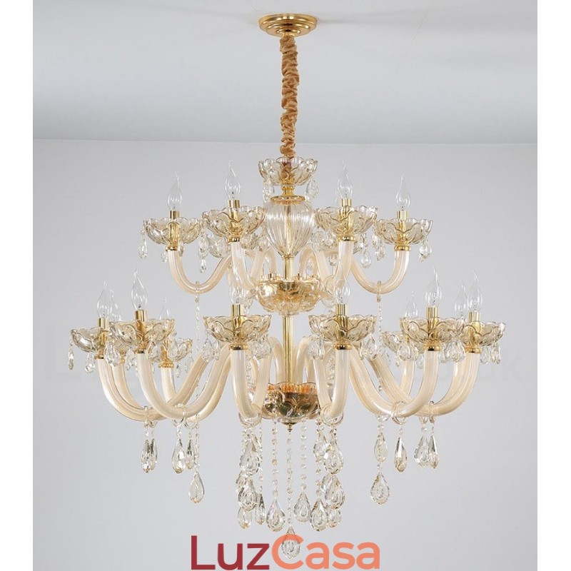 Lustre de cristal elegante com 18 (12+6) luzes cor champanhe