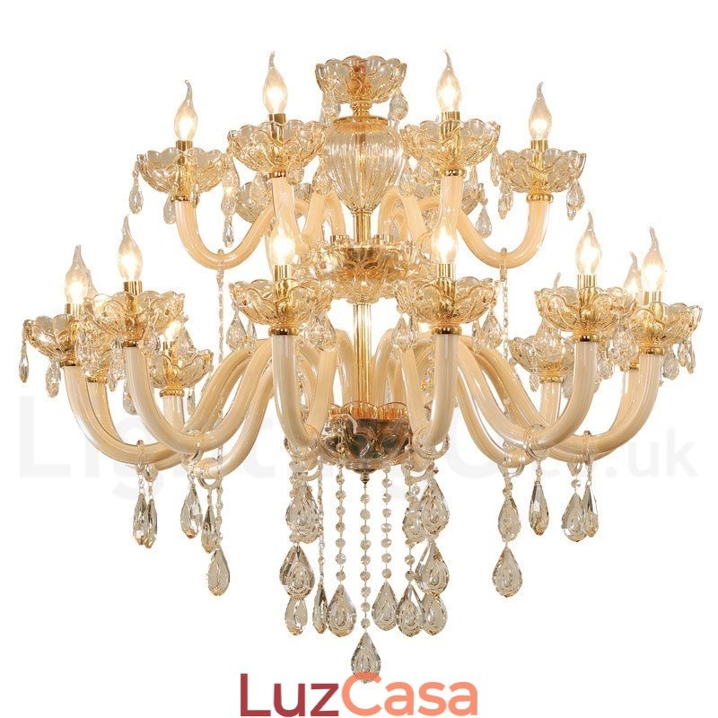 Lustre de cristal elegante com 18 (12+6) luzes cor champanhe