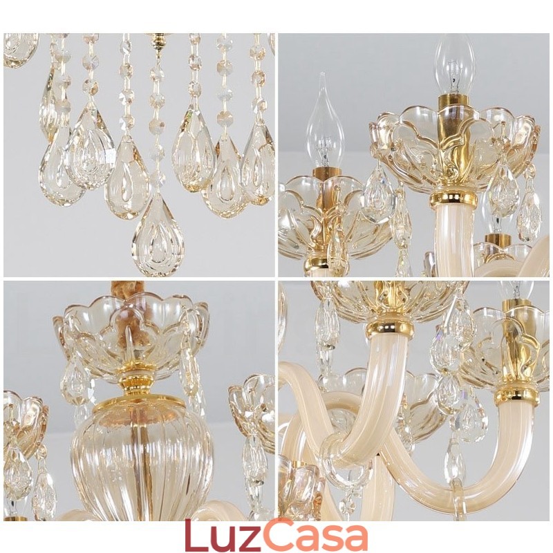 Lustre de cristal elegante com 18 (12+6) luzes cor champanhe