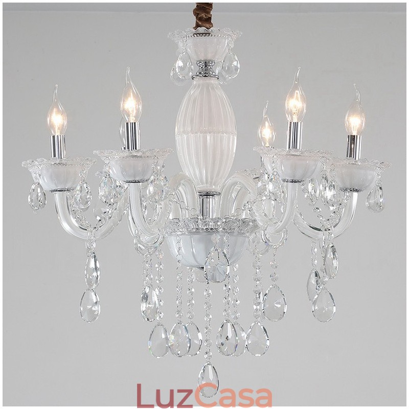 Lustre de vela branca de 6 luzes com cristal