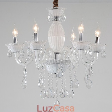 Lustre de vela branca de 6 luzes com cristal Lustre de vela branca de 6 luzes com cristal