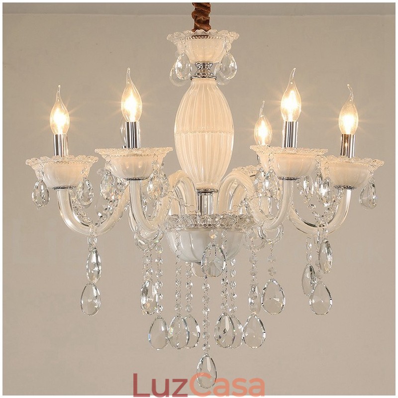 Lustre de vela branca de 6 luzes com cristal
