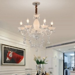 Lustre de vela branca de 6 luzes com cristal
