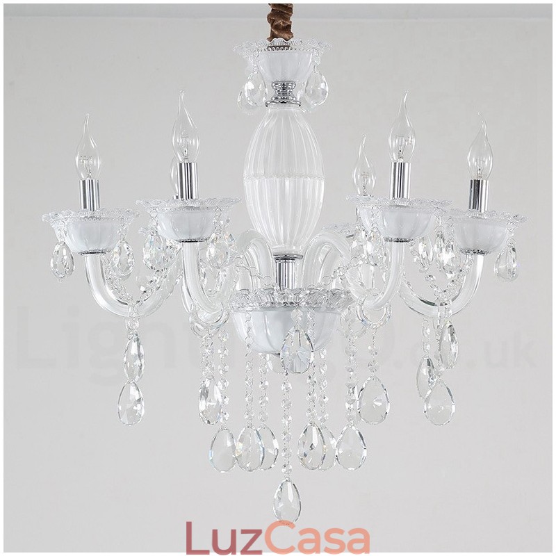 Lustre de vela branca de 6 luzes com cristal