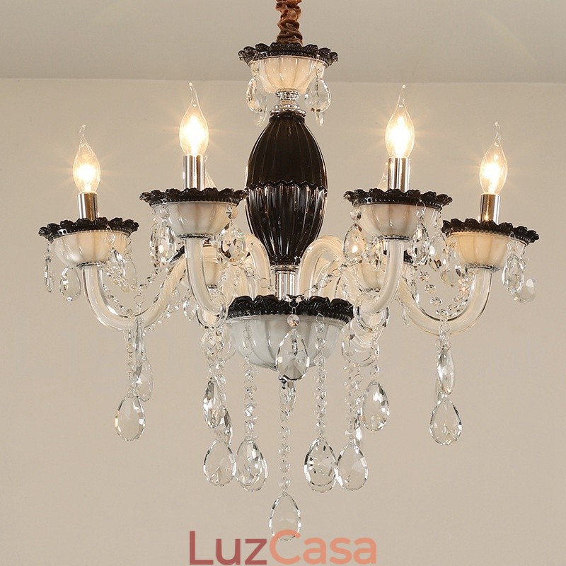 Lustre de vela preta de 6 luzes com cristal