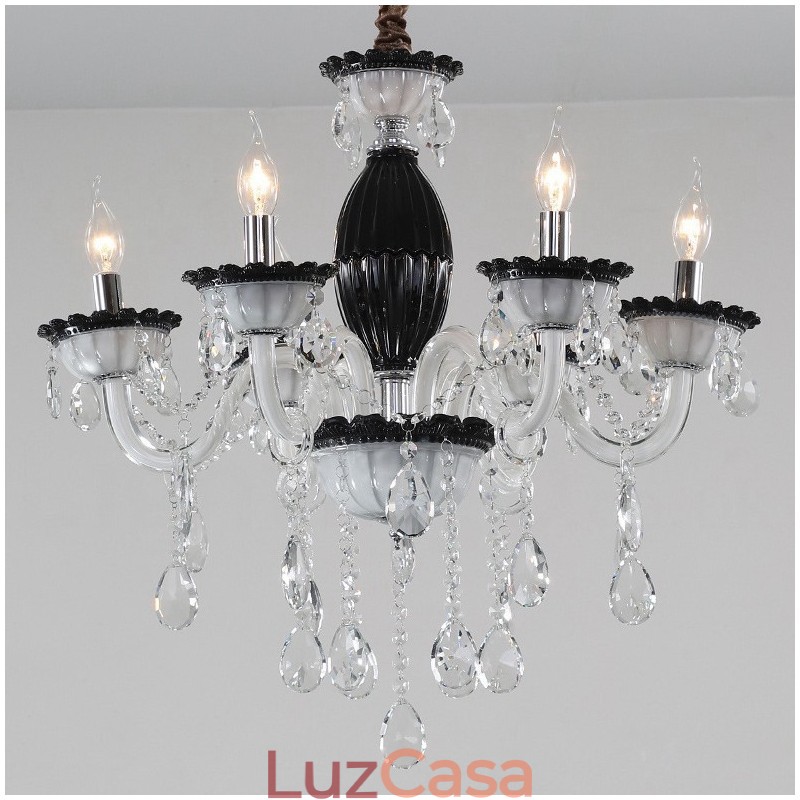 Lustre de vela preta de 6 luzes com cristal