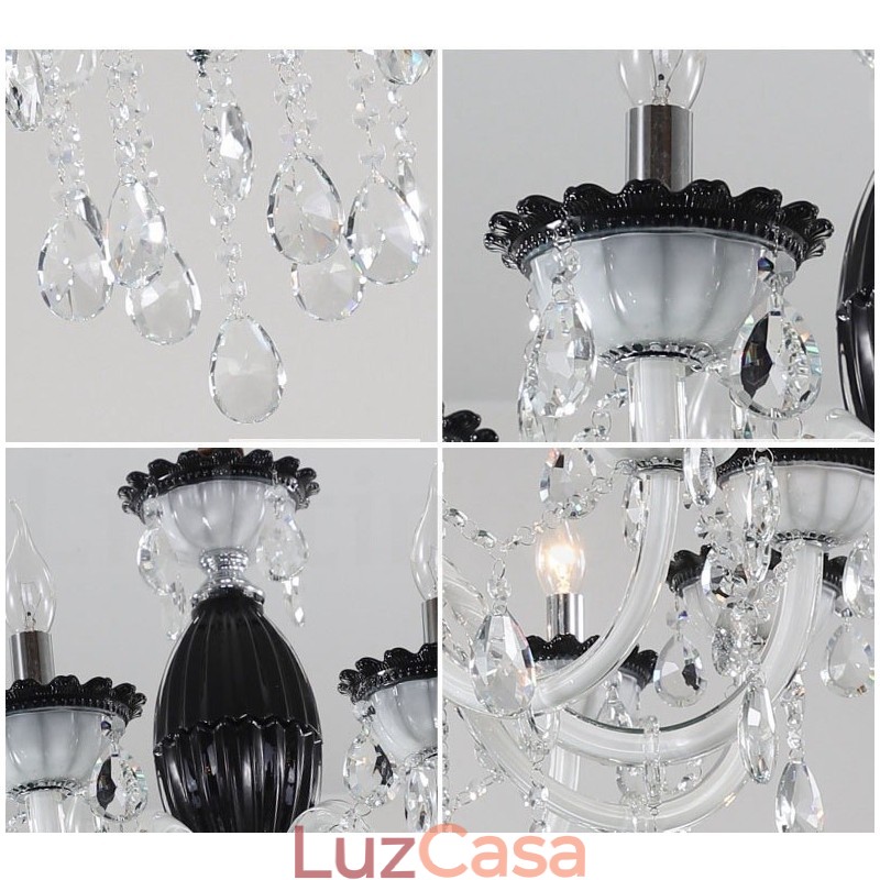 Lustre de vela preta de 6 luzes com cristal