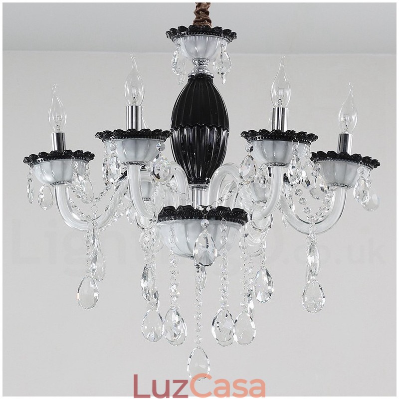 Lustre de vela preta de 6 luzes com cristal