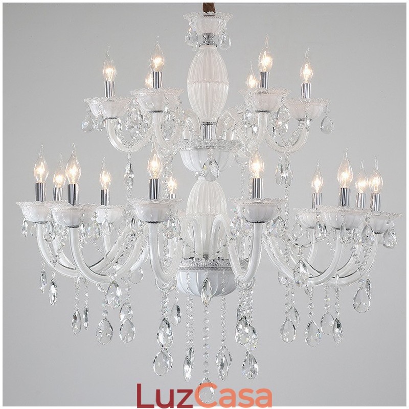 Lustre de vela elegante branco de 18 (12+6) luzes com cristal
