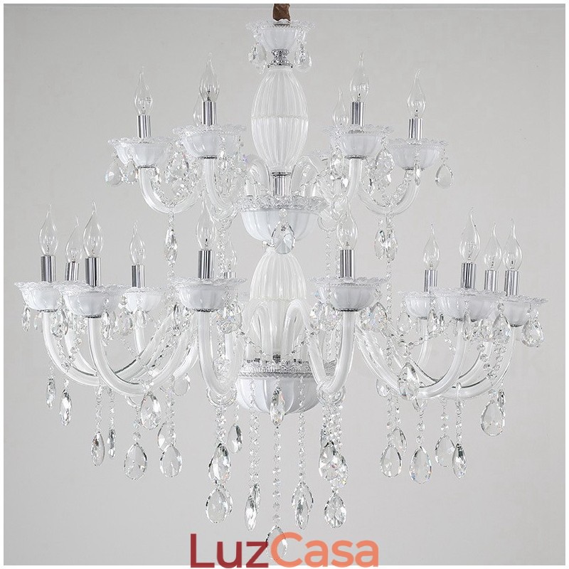 Lustre de vela elegante branco de 18 (12+6) luzes com cristal