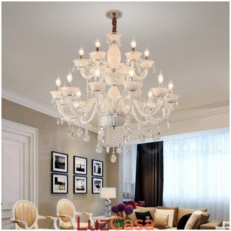 Lustre de vela elegante branco de 18 (12+6) luzes com cristal