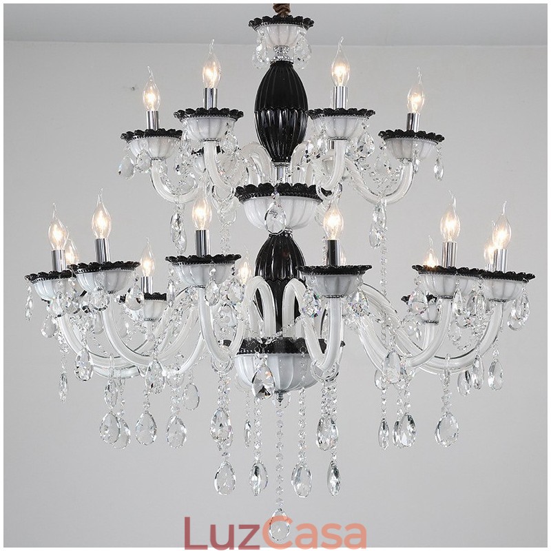 Lustre de vela elegante preto de 18 (12+6) luzes com cristal