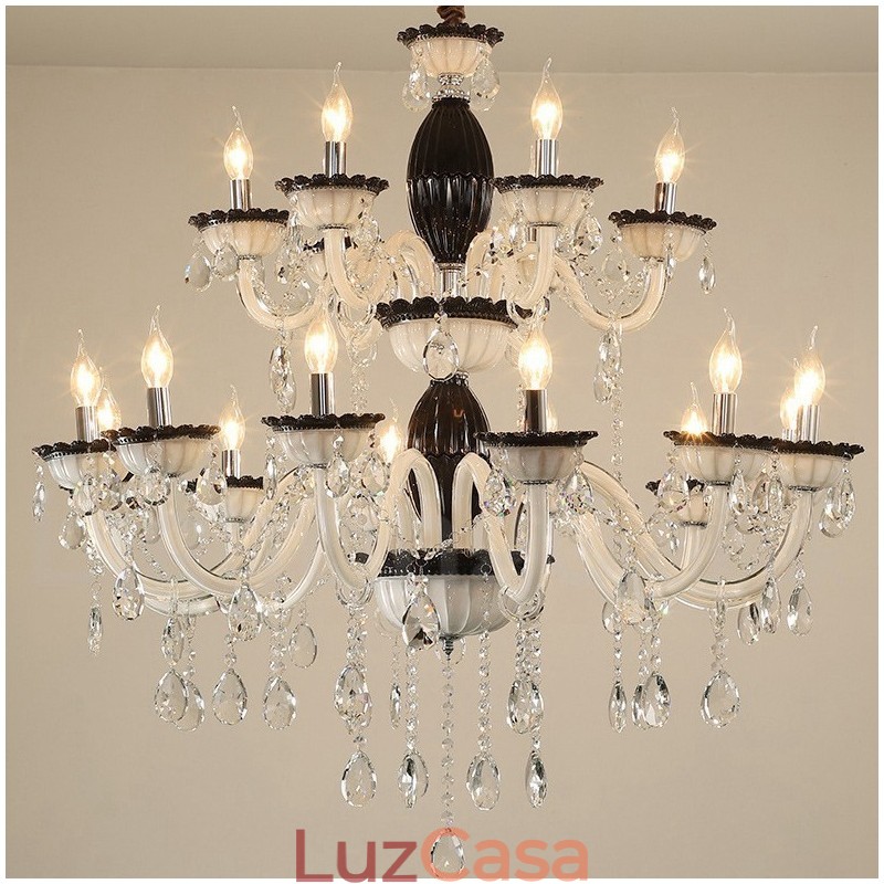 Lustre de vela elegante preto de 18 (12+6) luzes com cristal