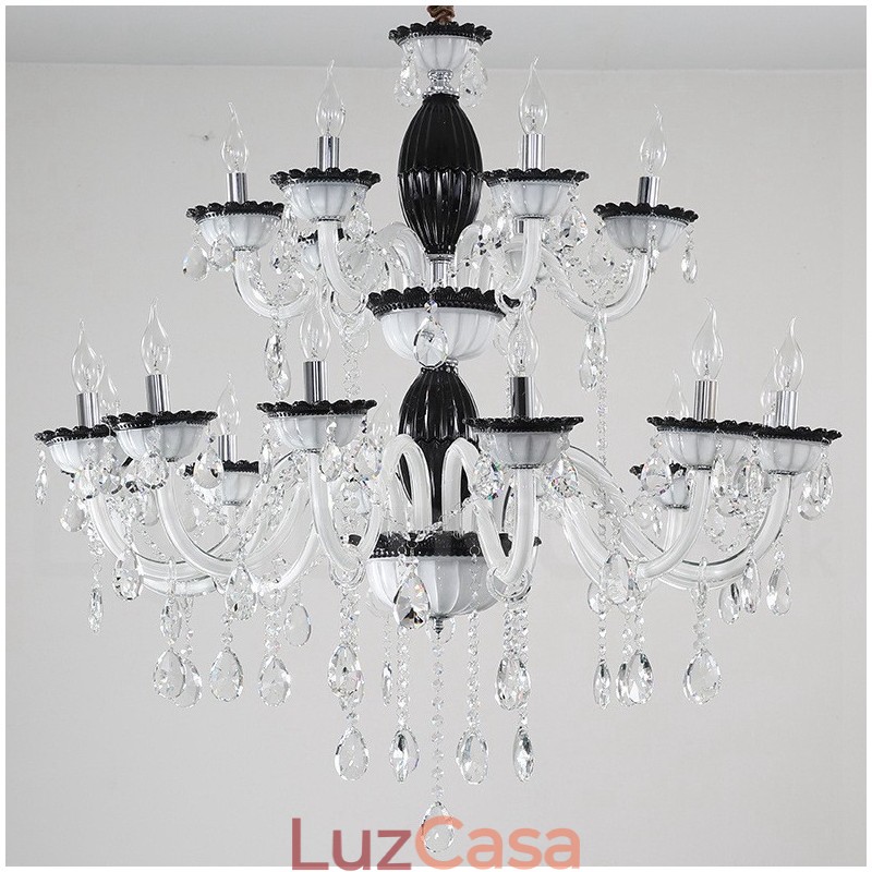 Lustre de vela elegante preto de 18 (12+6) luzes com cristal