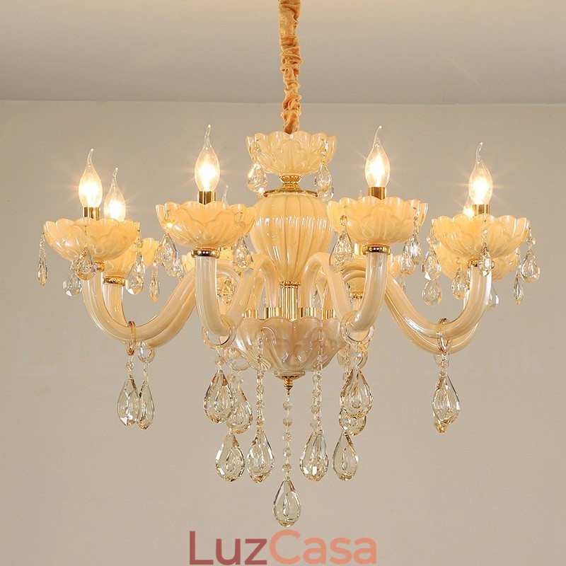 Lustre de cristal champanhe luxuoso com 8 luzes