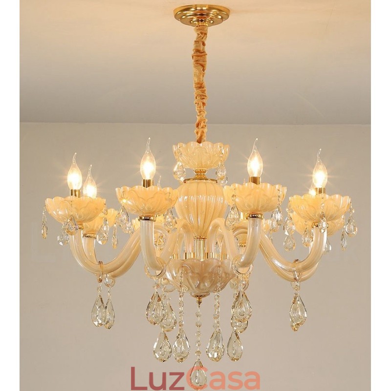 Lustre de cristal champanhe luxuoso com 8 luzes