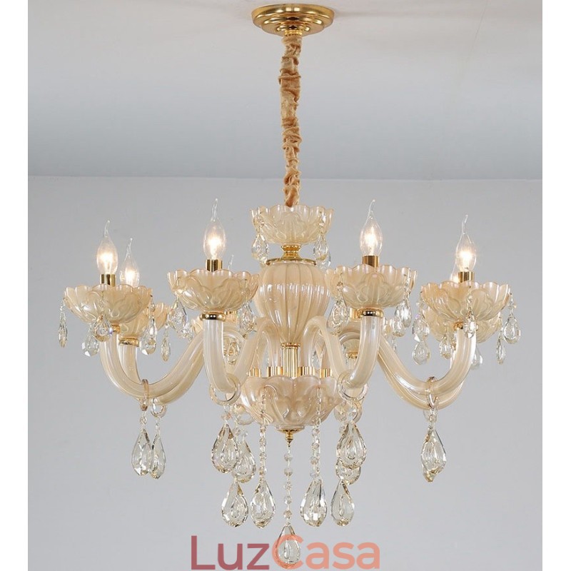 Lustre de cristal champanhe luxuoso com 8 luzes