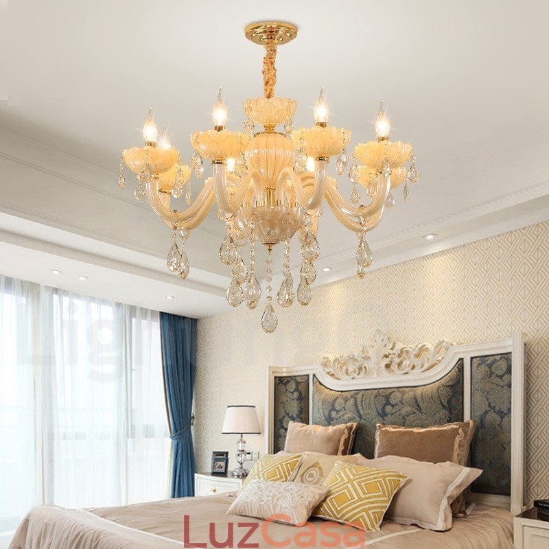Lustre de cristal champanhe luxuoso com 8 luzes