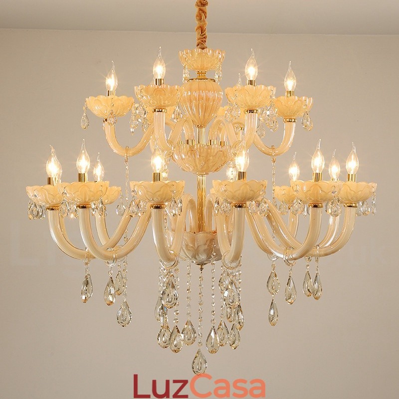 Lustre de cristal luxuoso com 18 (12+6) luzes e velas de champanhe
