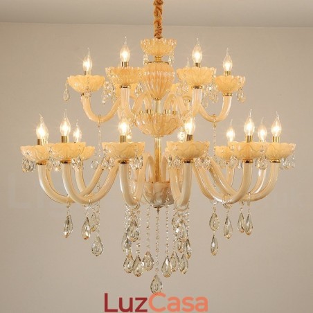 Lustre de cristal luxuoso com 18 (12+6) luzes e velas de champanhe