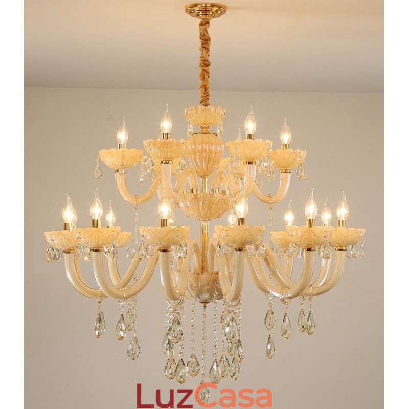 Lustre de cristal luxuoso com 18 (12+6) luzes e velas de champanhe