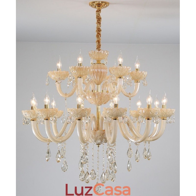 Lustre de cristal luxuoso com 18 (12+6) luzes e velas de champanhe