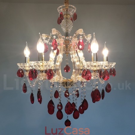 Lustre de vela dourada de 6 luzes com cristal vermelho Lustre de vela dourada de 6 luzes com cristal vermelho