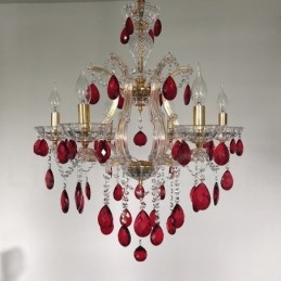 Lustre de vela dourada de 6 luzes com cristal vermelho