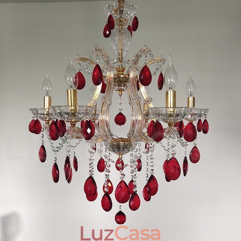 Lustre de vela dourada de 6 luzes com cristal vermelho