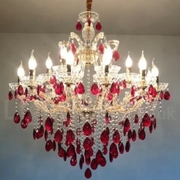 18 (12+6) Lustre de Cristal Vermelho Luxuoso com Velas Douradas