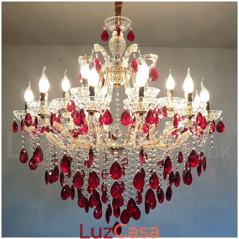 18 (12+6) Lustre de Cristal Vermelho Luxuoso com Velas Douradas