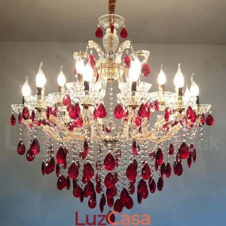 18 (12+6) Lustre de Cristal Vermelho Luxuoso com Velas Douradas 18 (12+6) Lustre de Cristal Vermelho Luxuoso com Velas Douradas