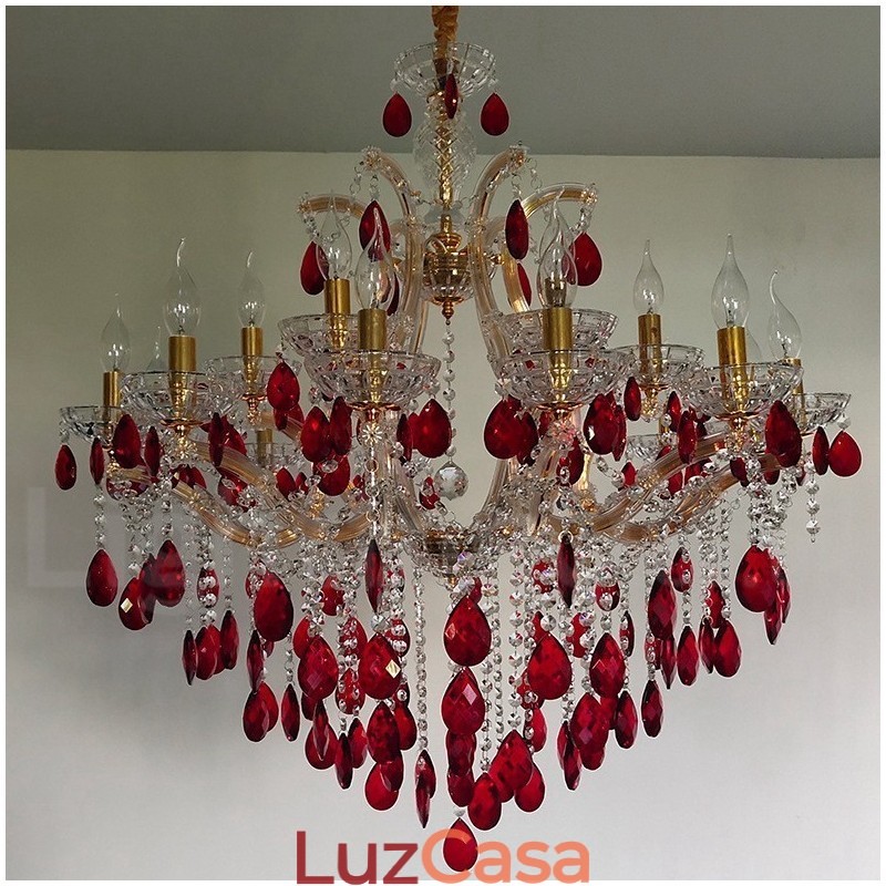 18 (12+6) Lustre de Cristal Vermelho Luxuoso com Velas Douradas