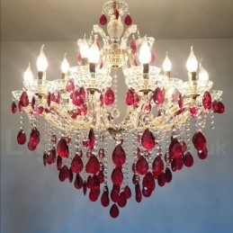 18 (12+6) Lustre de Cristal Vermelho Luxuoso com Velas Douradas