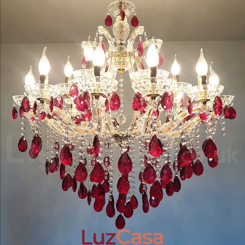18 (12+6) Lustre de Cristal Vermelho Luxuoso com Velas Douradas