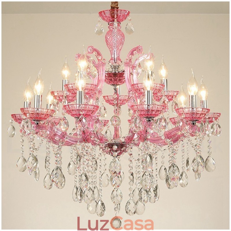 Lustre de cristal luxuoso com 18 (12+6) luzes multicores e cristal transparente