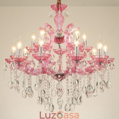 Lustre de cristal luxuoso com 18 (12+6) luzes multicores e cristal transparente Lustre de cristal luxuoso com 18 (12+6) luzes multicores e cristal transparente