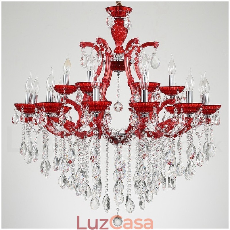 Lustre de cristal luxuoso com 18 (12+6) luzes multicores e cristal transparente