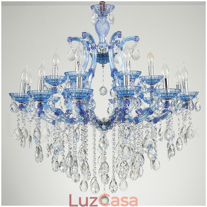 Lustre de cristal luxuoso com 18 (12+6) luzes multicores e cristal transparente