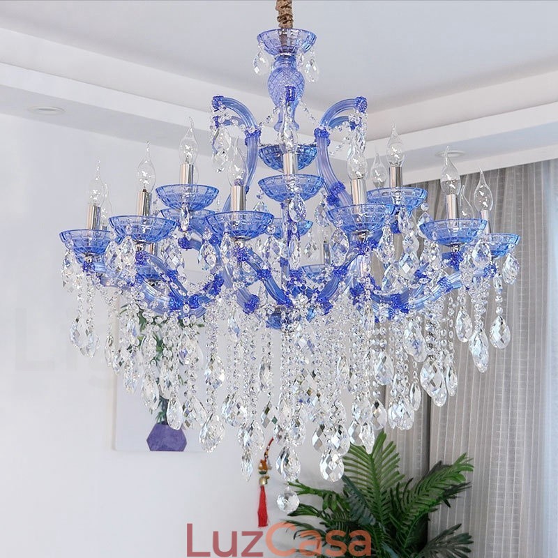 Lustre de cristal luxuoso com 18 (12+6) luzes multicores e cristal transparente